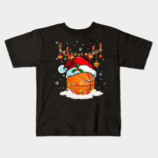 Reindeer Santa Hat Basketball Christmas Lights Xmas Kids T-Shirt